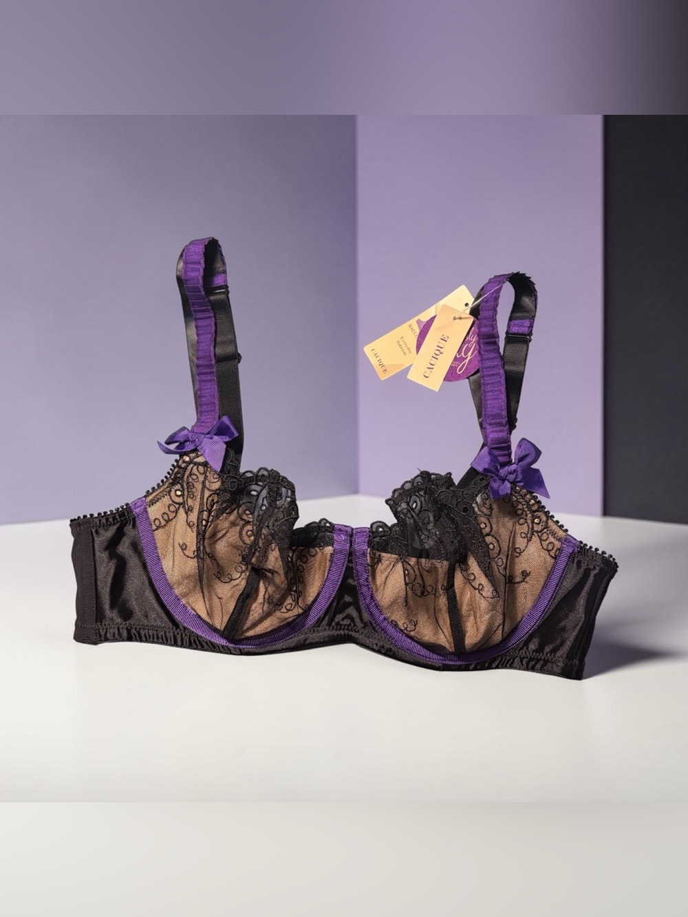 Cacique Quarter Cup Balconette Bra Black Mesh Satin sz 38C NWT